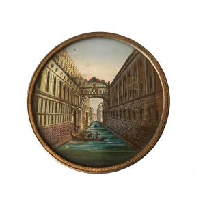 Miniature Petit Cadre Rond Eglomisé Décor De Venise D’époque 18 ème 