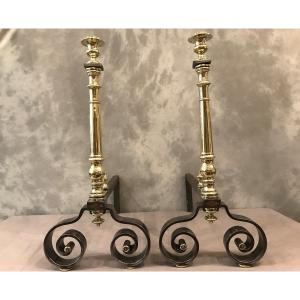 Beautiful Andirons In Iron And Brass From The 19th Century