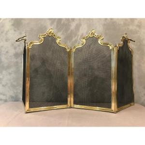Antique Brass Fireplace Screen, 19th Century, Louis XV Style