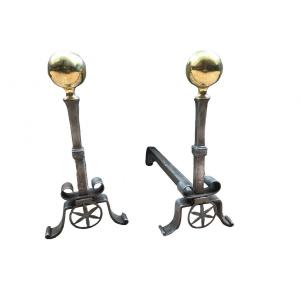 Pair Of Large Andirons In Iron And Brass From The 19th Century