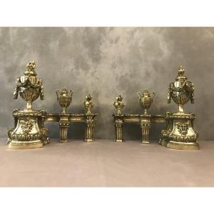 Andirons In Polished Bronze From The End Of The 18th Century Large Model Facade