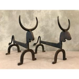 Pair Of Andirons Circa 1960 Representing Cast Iron Bulls