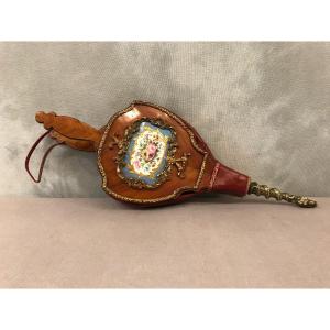 Fireplace Bellows In Marquetry And Porcelain Decor From The 19th Century