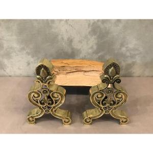 Pair Of Andirons In Bronze And Brass From The 1900s Decorated With Lily Flowers.