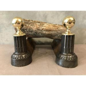 Pair Of Cast Iron And Brass Andirons From The 19th Century