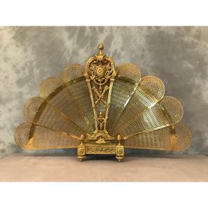 Old Fireplace Fire Screen In Bronze Fan Model From 19th Century