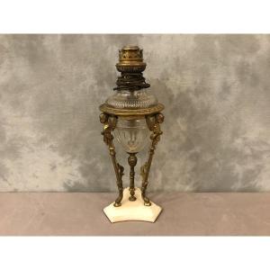 Lampe  Tripode Athéniènne En Bronze Et Cristal D’époque 19 ème 