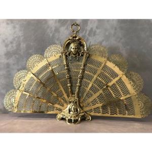 Old Chimney Fire Screen In Fan From 19th Century In Bronze And Brass 
