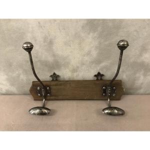 19th Century Iron On Wood Coat Hooks, Coat Rack 