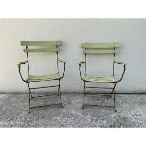Paire de fauteuils de jardin pliable en fer et bois vers 1950 ( par paire ou par  lot de 9)
