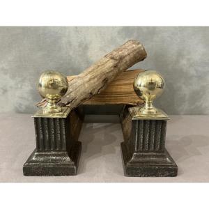 Paire de chenets anciens en fonte et laiton d’époque 19 ème 