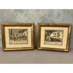 Paire de gravures d’époque 18 ème encadré de bois doré 