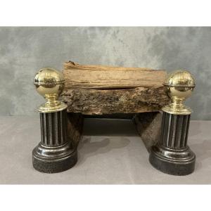  Pair Of Antique Cast Iron And Brass Andirons From The 19th Century 