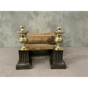 Pair Of Antique Cast Iron And Brass Andirons From The 19th Century 