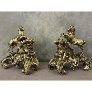 Pair Of Antique Bronze Andirons Decorated With Horses, Dating From The 19th Century 