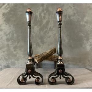 Pair Of Antique Wrought Iron And Copper Andirons From The 18th Century