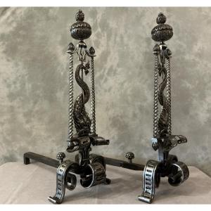 Large Pair Of 19th Century Wrought Iron Andirons