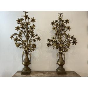 Paire de grands bouquets fleuris en laiton d’époque 19 ème 