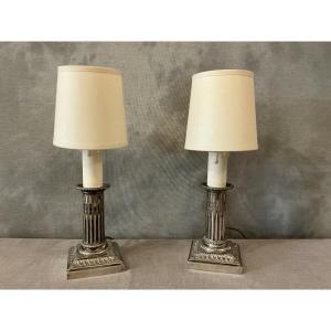 Pair Of Small Silver-plated Metal Lamps In The Louis XVI Style, Early 20th Century