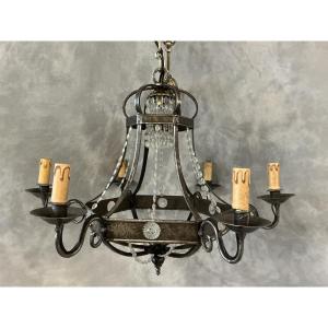 Lustre ancien en fer poli et guirlandes de cristaux d époque fin 19 ème