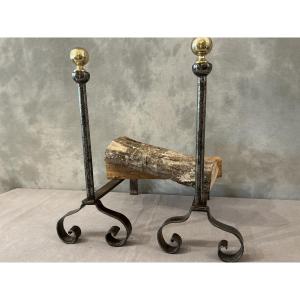 Pair Of Antique 19th-century Iron And Brass Andirons