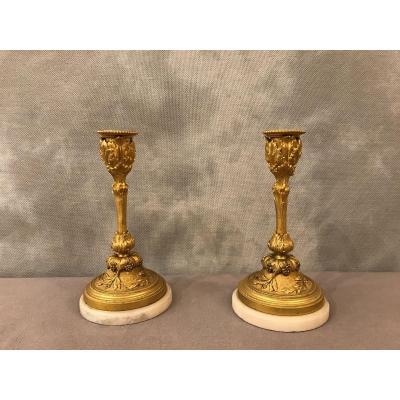 Pair Of Candlesticks In Gilt Bronze 19th