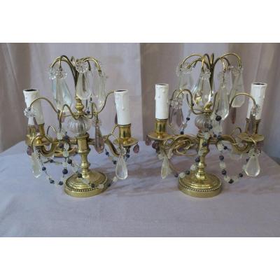 Pair Of Girandoles In Brass And Crystals 19th