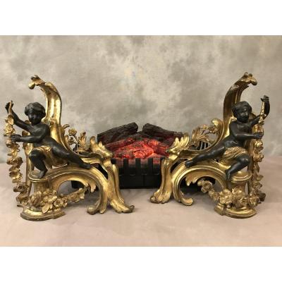 Pair Of Andirons In Gilt Bronze And Patinated Bronze From The 19th Time