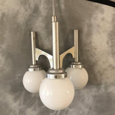 3 Lights Brushed Stainless Steel Chandelier Circa 1970
