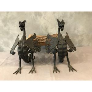 Pair Of Iron Andirons Around 1950 Model With Dragons
