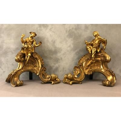 Pair Of Large Andirons In Gilt Bronze With Chinese From The 19th Time