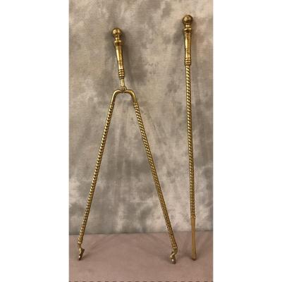 Brass Fireplace Set Circa 1900 Including An English Style Poker And Tongs