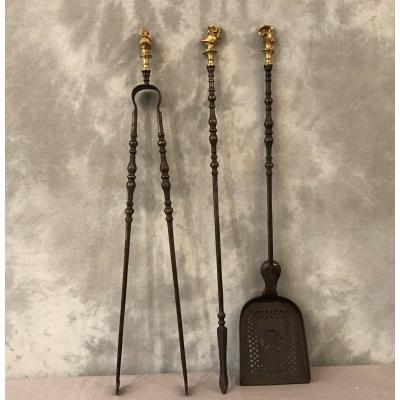 3 Large Pieces Of Fireplace In Iron And Bronze With Vintage Knight Helmets Early 19th