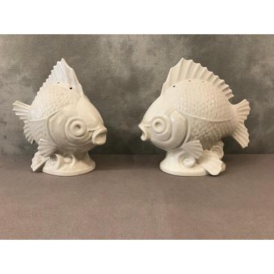 Pair Of White Porcelain Fish Around 1940.