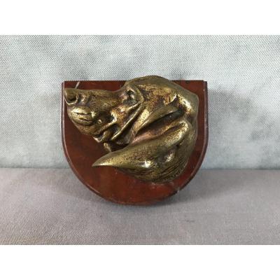 Bronze Dog Head On 19th Time Marble Signed Jacquemart