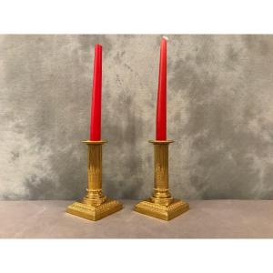 Pair Of Candlesticks In Gilt Bronze, Late 19th Century, Louis XVI Style