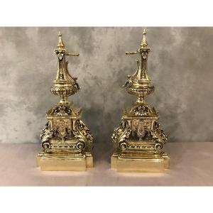 Pair Of Antique Andirons In Bronze From The 19th Century Louis XVI Style