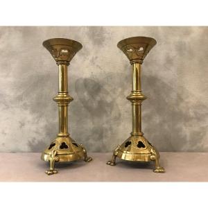 Pair Of Candlestick In Brass From The 19th Century