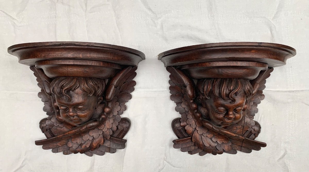 Pair Of Winged Cherubs Wall Consoles In Carved Wood-photo-2
