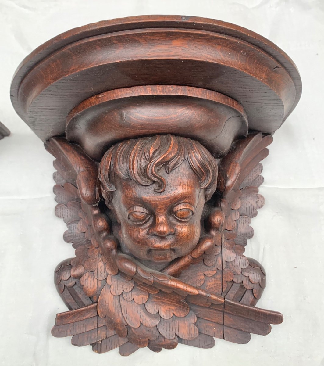 Pair Of Winged Cherubs Wall Consoles In Carved Wood-photo-4