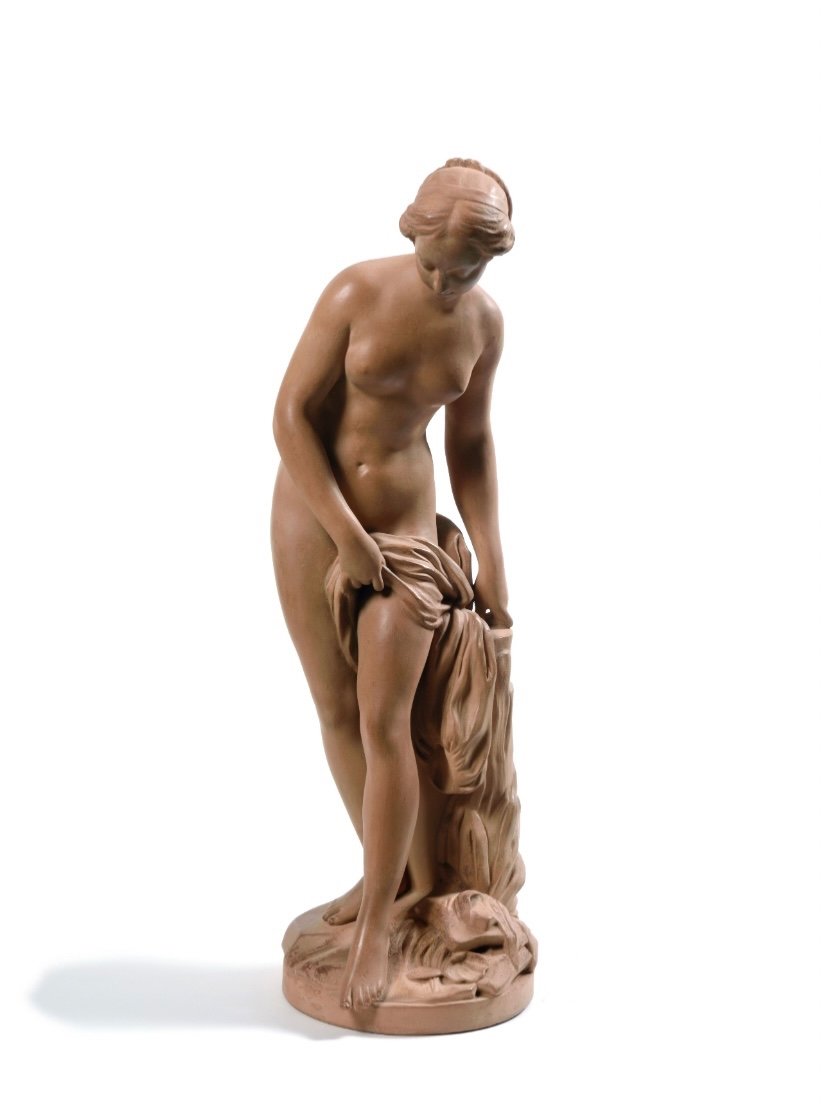 Sculpture En Terre Cuite, Jeune Femme Au Bain 77cm 