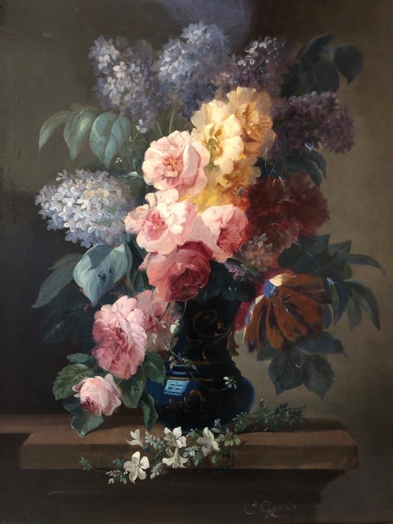 Painting Of A Vase Of Flowers On An Entablature-photo-4