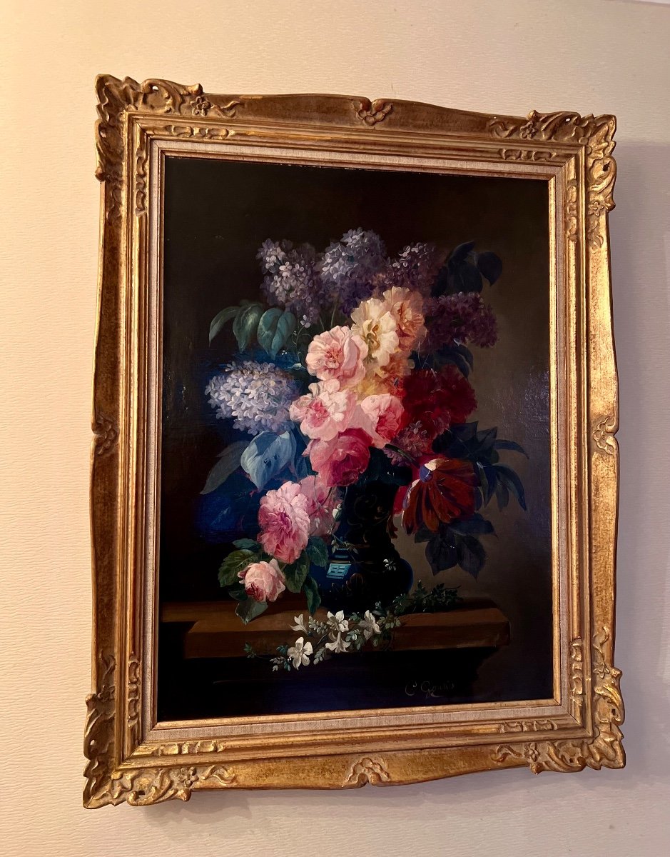 Painting Of A Vase Of Flowers On An Entablature