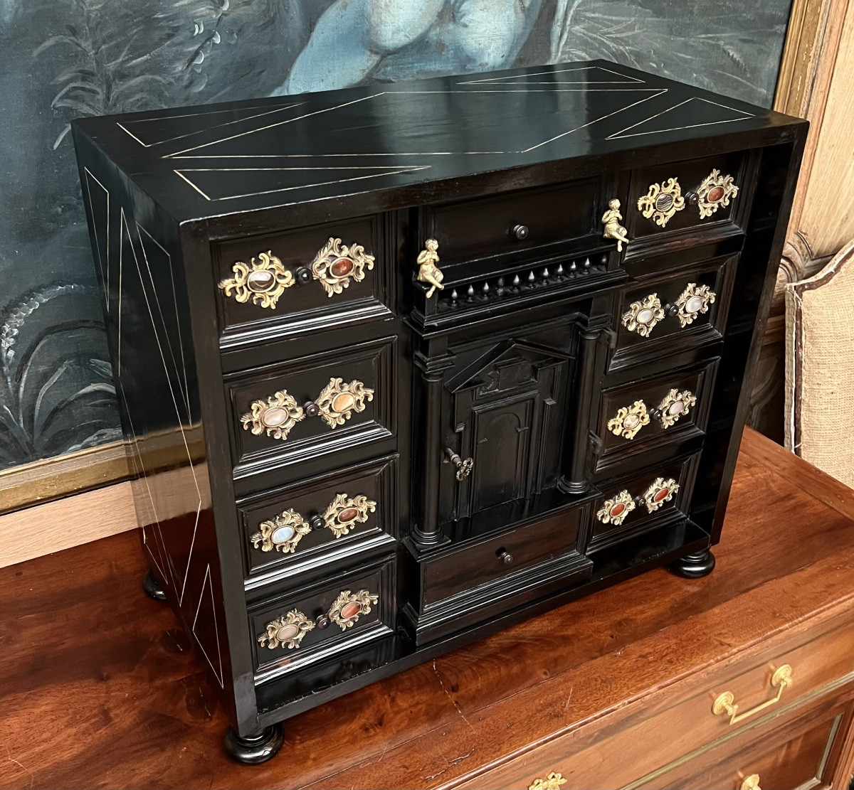 Cabinet à décor de pierres dures et bois noirci 17 eme siècle -photo-5