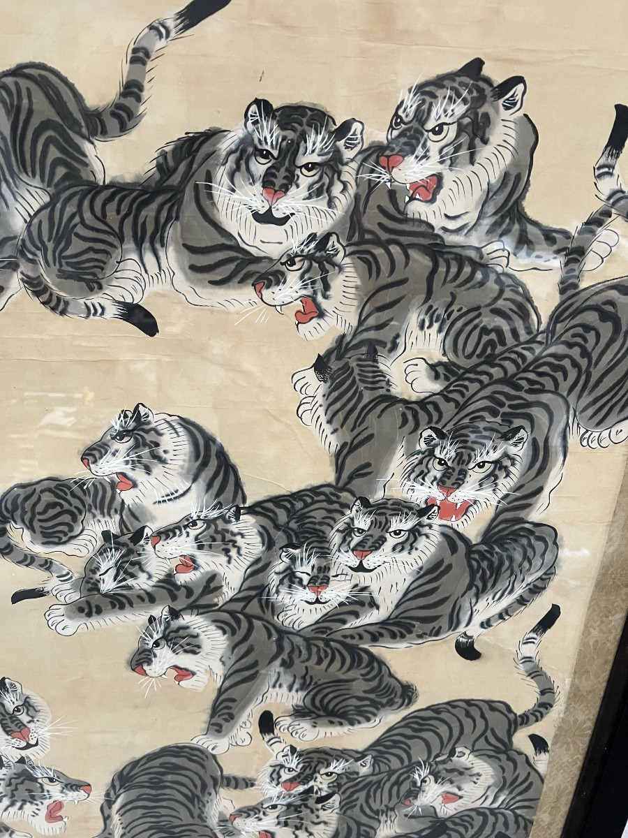 Grande peinture asiatique aux tigres – encre et couleurs sur papier, Chine 19 eme, compositi-photo-3