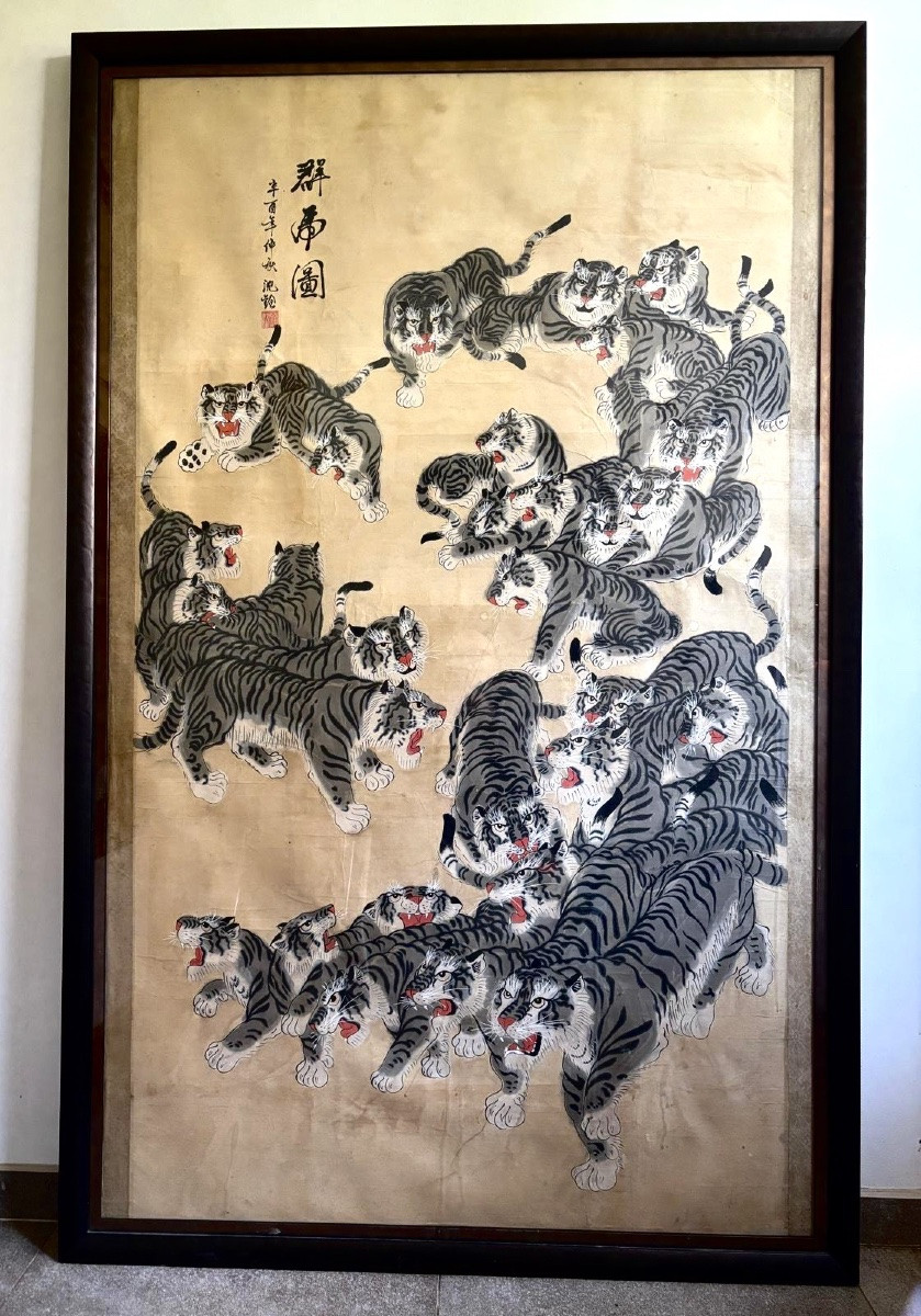 Grande peinture asiatique aux tigres – encre et couleurs sur papier, Chine 19 eme, compositi-photo-1