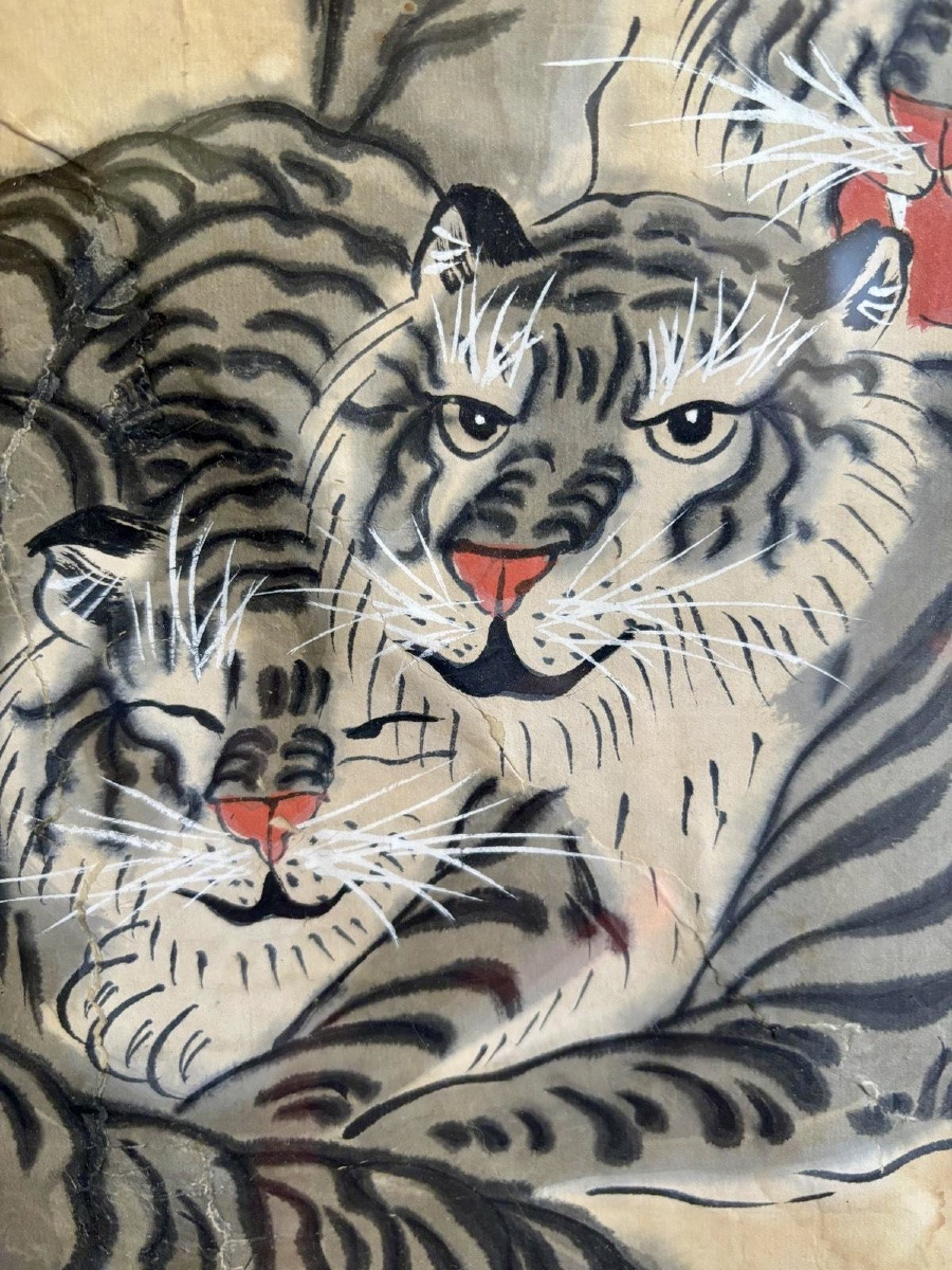 Grande peinture asiatique aux tigres – encre et couleurs sur papier, Chine 19 eme, compositi-photo-5