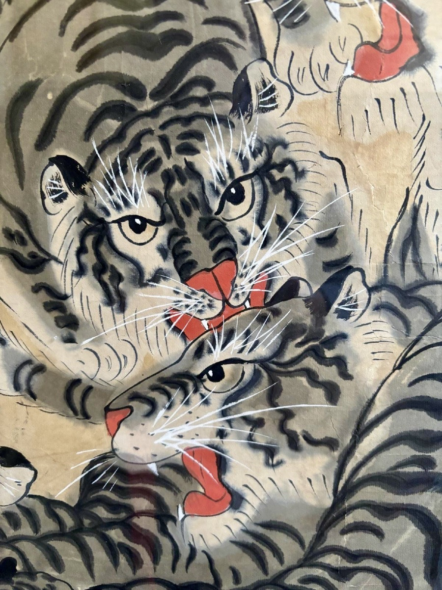 Grande peinture asiatique aux tigres – encre et couleurs sur papier, Chine 19 eme, compositi-photo-6