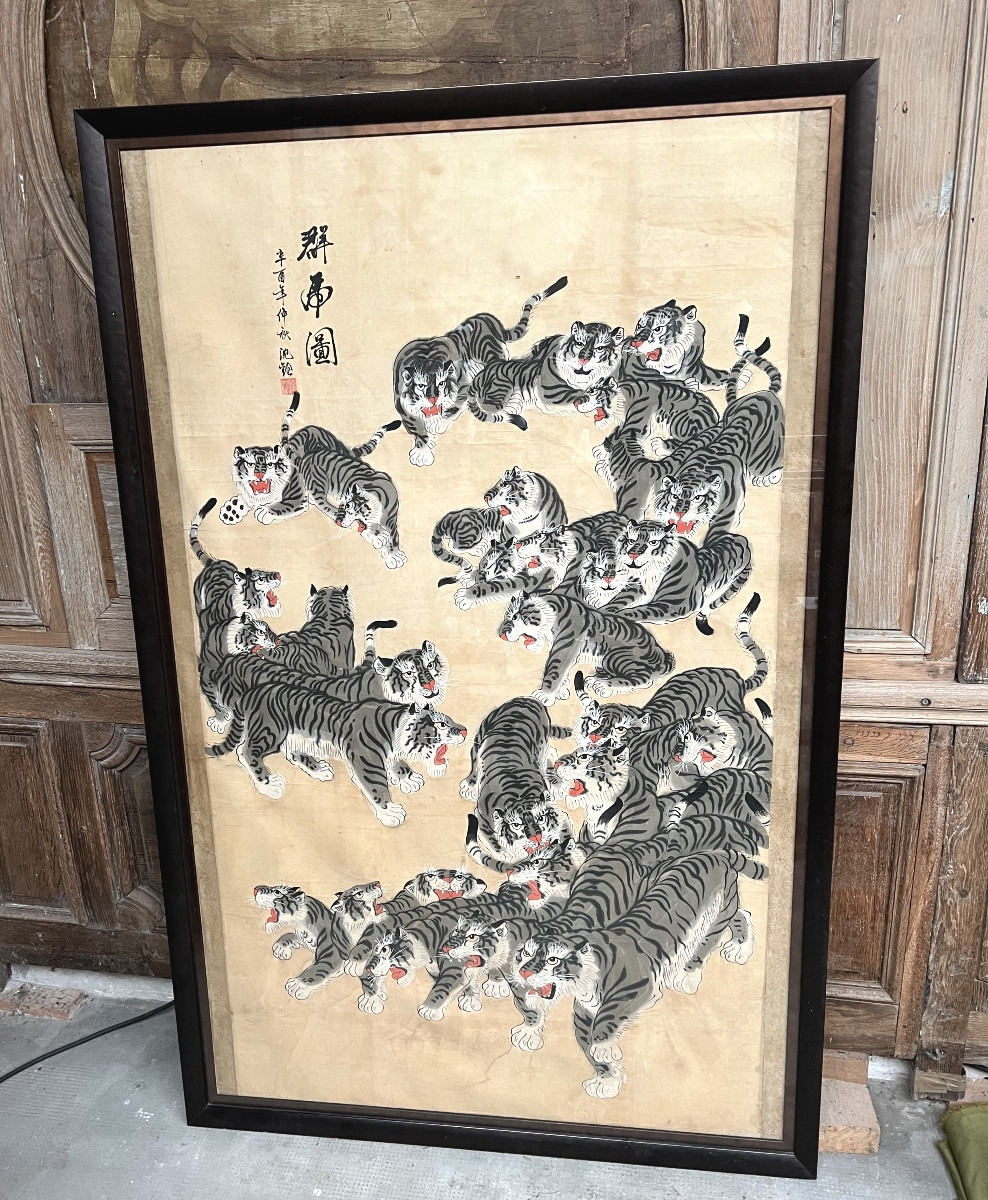 Grande peinture asiatique aux tigres – encre et couleurs sur papier, Chine 19 eme, compositi