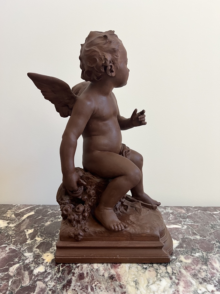 Sculpture de Cupidon en terre cuite signe de  par H. Weigel -photo-4